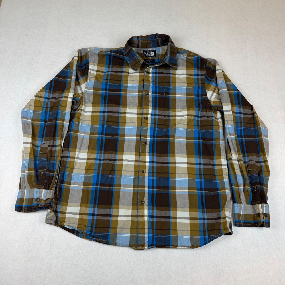 The North Face Mens Plaid Long Sleeve Button Up Shirt Blue Brown Large